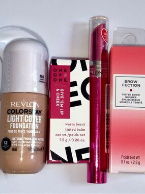 4 PC Makeup Lot: Revlon Foundation, Revlon Gel Lip, EWC Brow, One of One Blush